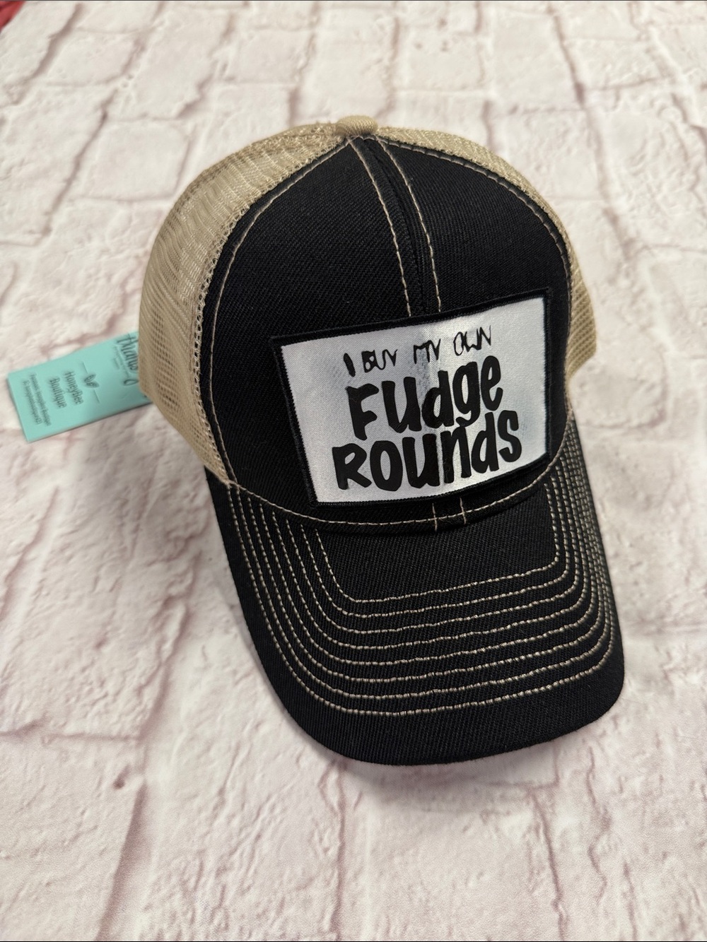 Women’s Trucker Hat- Black & Tan with 'I Buy My Own Fudge Rounds' Patch